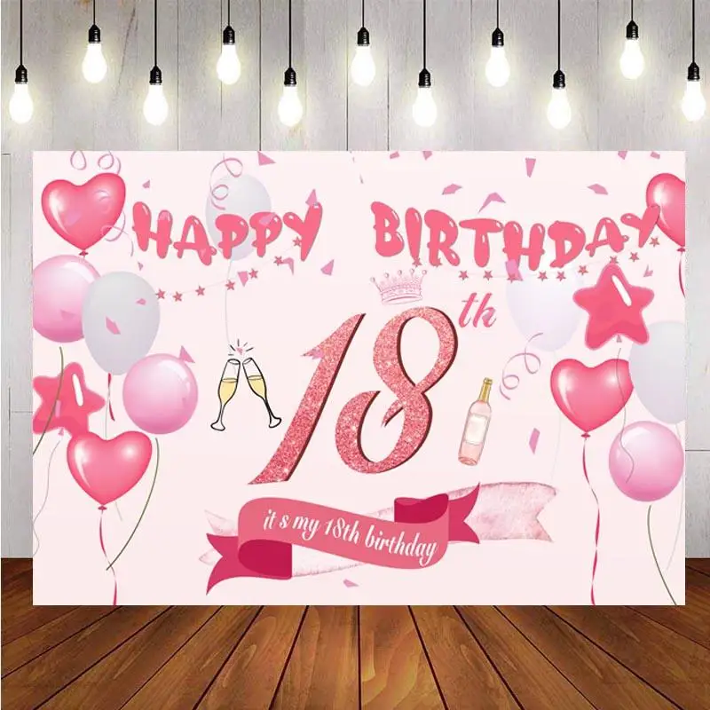 

18th Photography Backdrop Girls Happy Birthday Papty Pink Balloon Photo Studio Background Decor Banner Prop