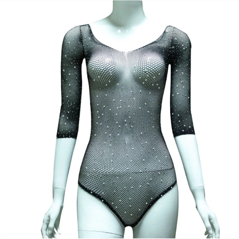 Сексуальное женское платье с длинным рукавом в крупную сеточку Стразы боди Топы