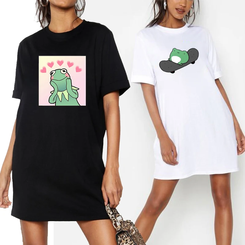 

Vintage Cartoon Funny Frog Women Dress Plus Size Loose Short Sleeve Summer Harajuku Tshirt Dresses Mini Pullover Streetwear