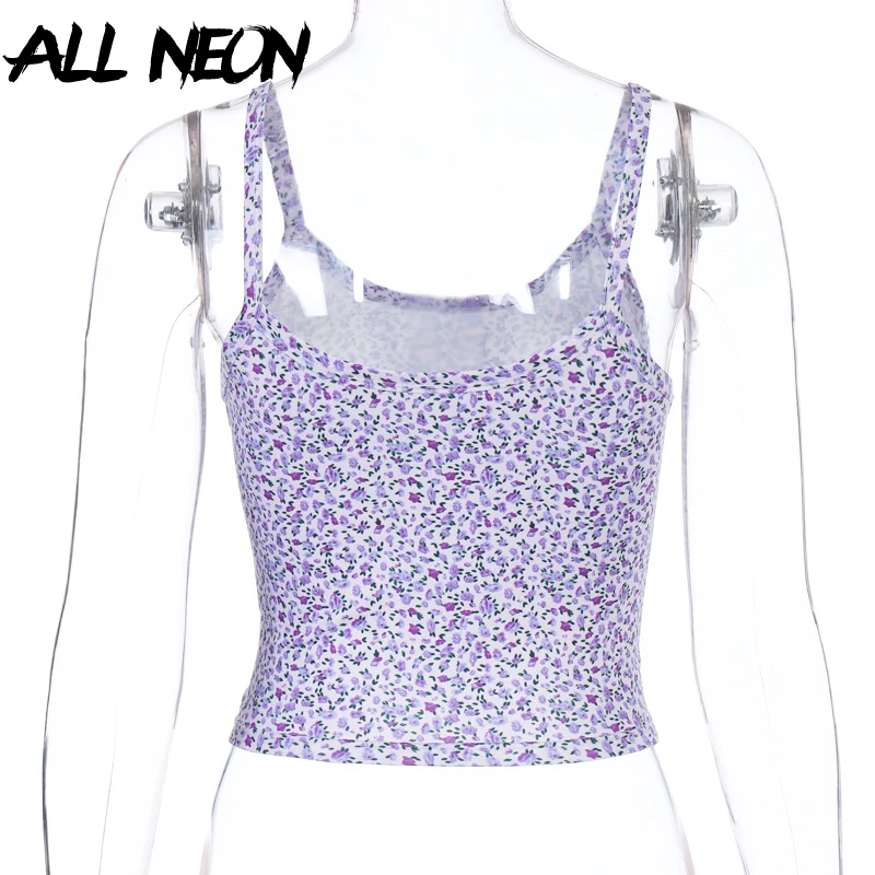 ALLNeon E girl/укороченные топы на бретельках с цветочным рисунком Y2K Модные фиолетовые