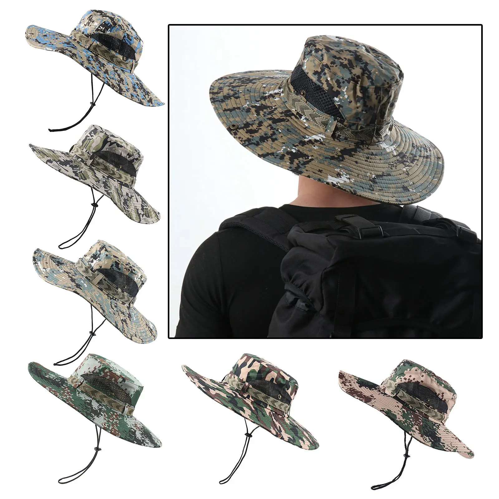 Мужская Солнцезащитная шляпа с широкими полями, камуфляжная шляпа с защитой от УФ лучей, складная уличная шляпа для рыбалки, охоты, туризма, ...