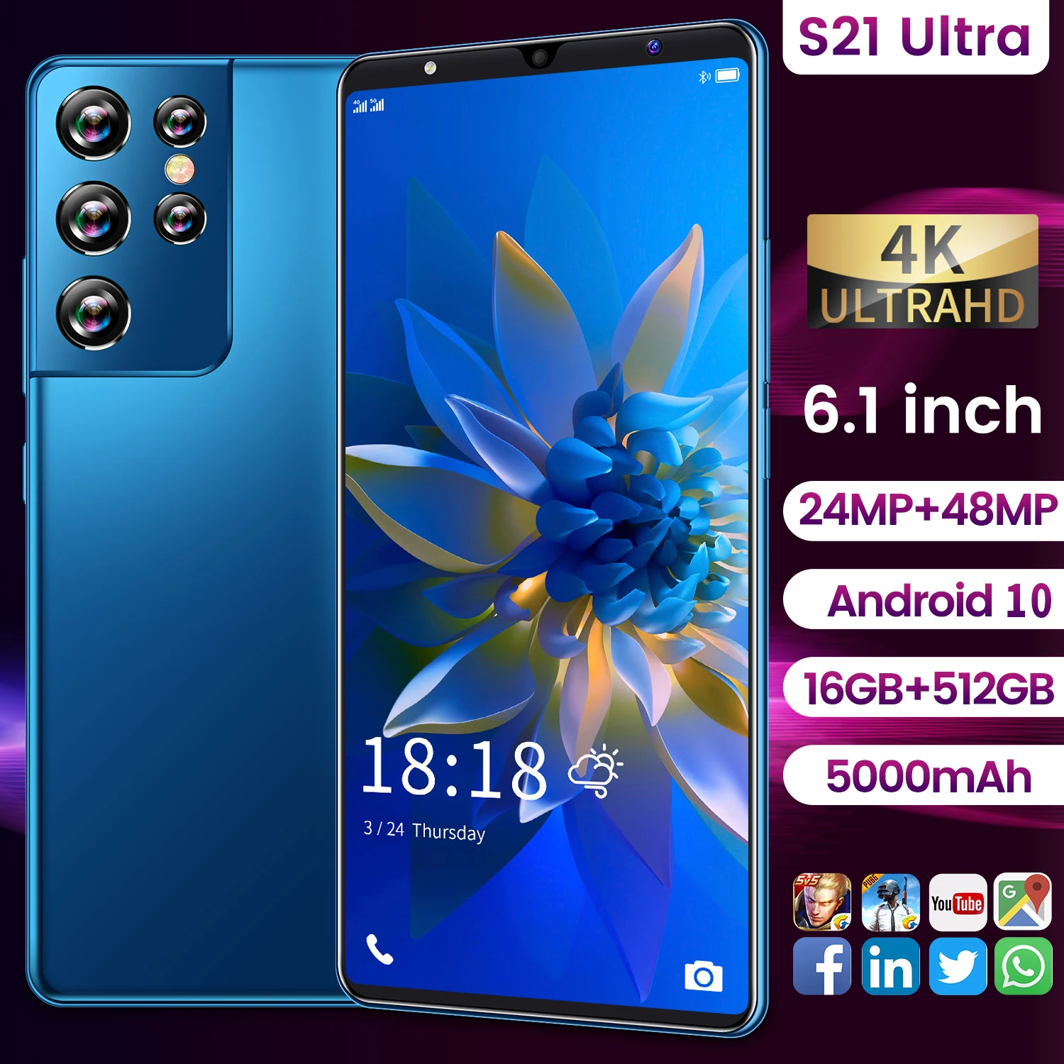 Tel&eacute;fono Inteligente S21 Ultra de 2021 pulgadas, 5G, MT6889, 16 + 6,1 GB, 512 mAh, largo modo de reposo, 24 + 48MP, SIM Dual, Android, novedad de 5000-3