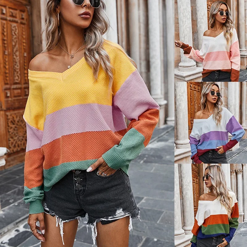

Женский пуловер с цветными блоками, Свободный джемпер с v-образным вырезом и открытыми плечами, повседневный женский свитер на осень и зиму