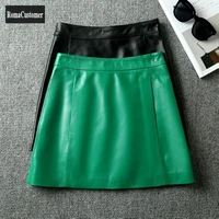 autumn new womens solid high waist skirt genuine leather sheepskin zippers spliced fashion casual elegant a line skirt female