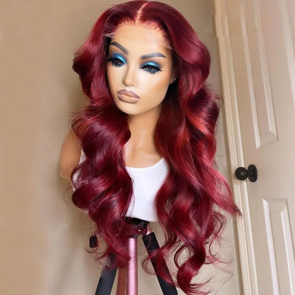 

Бордовая волна тела 180% Плотность 99J длинный волнистый синтетический передний парик на шнуровке для черных женщин малышей предварительно вы...