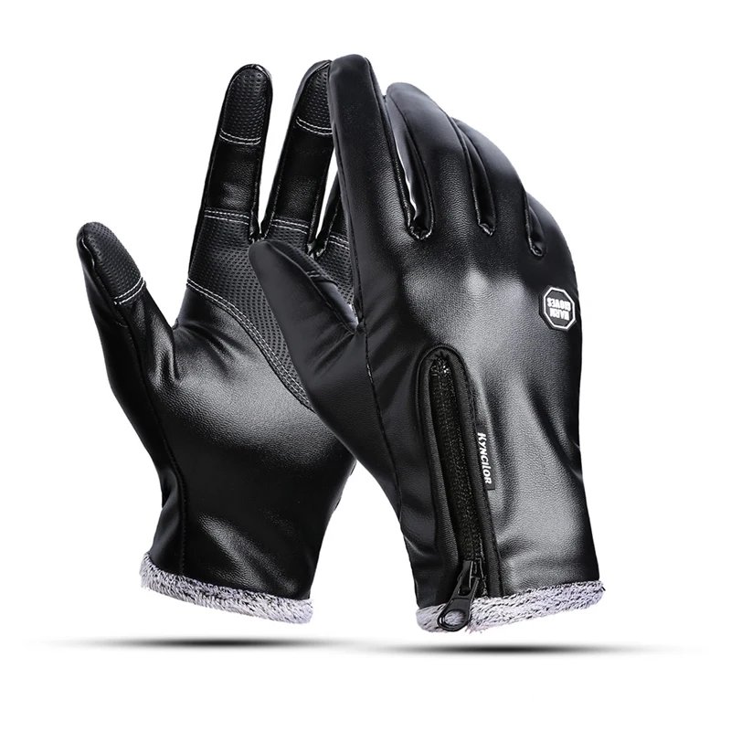 

Men Women Winter Leather Plus Velvet Warm Black Glove Driving Touch Screen Zipper Windproof Outdoor Motorcycle Gloves New