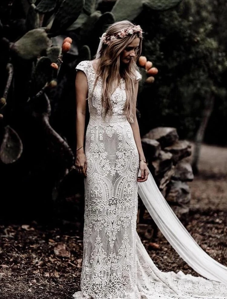 

Boho Bohemian Wedding Bride Dress 2022 V Neck Short SleevesLace Bridal Dress Elegant Robe de mariee платье