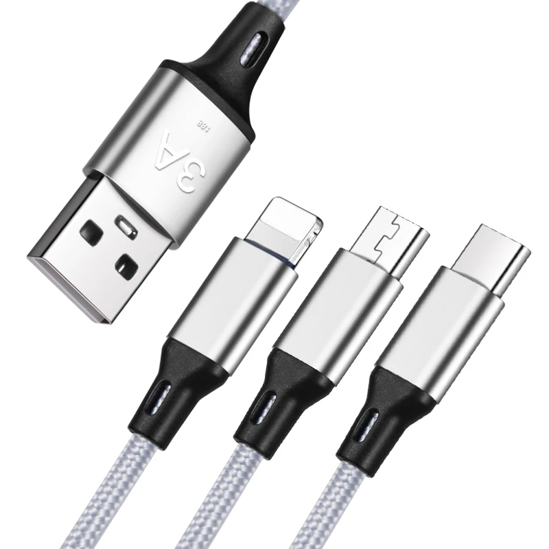 Sanzhiying 3 в 1 нейлоновый Плетеный зарядный кабель для телефона micro usb type c кабель для быстрой зарядки для samsung android зарядное устройство iphone шнур - Цвет: silver(3 in 1)