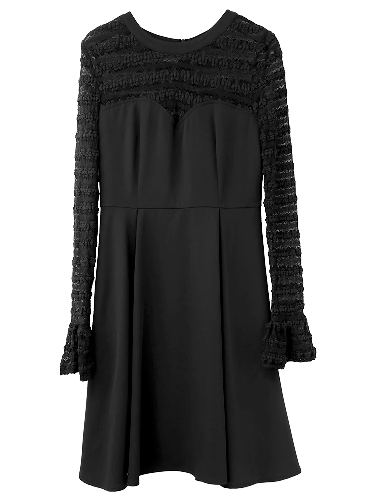 

High Quality New Black Dress 2021 Spring Autumn Style Women Crochet Lace Embroidery Patchwork Flare Sleeve Big Swing Dress Club