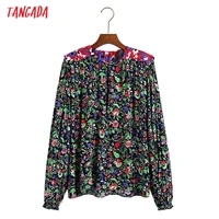 tangada women vintage flowers print pleated shirt long sleeve 2021 chic female loose shirt 6z169