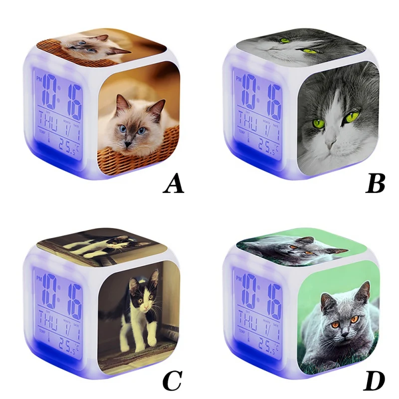 

Cute Animal Cat Squinting Surrounding Colorful Square Alarm Clock Small Alarm Clock (2 Batteries AG13)