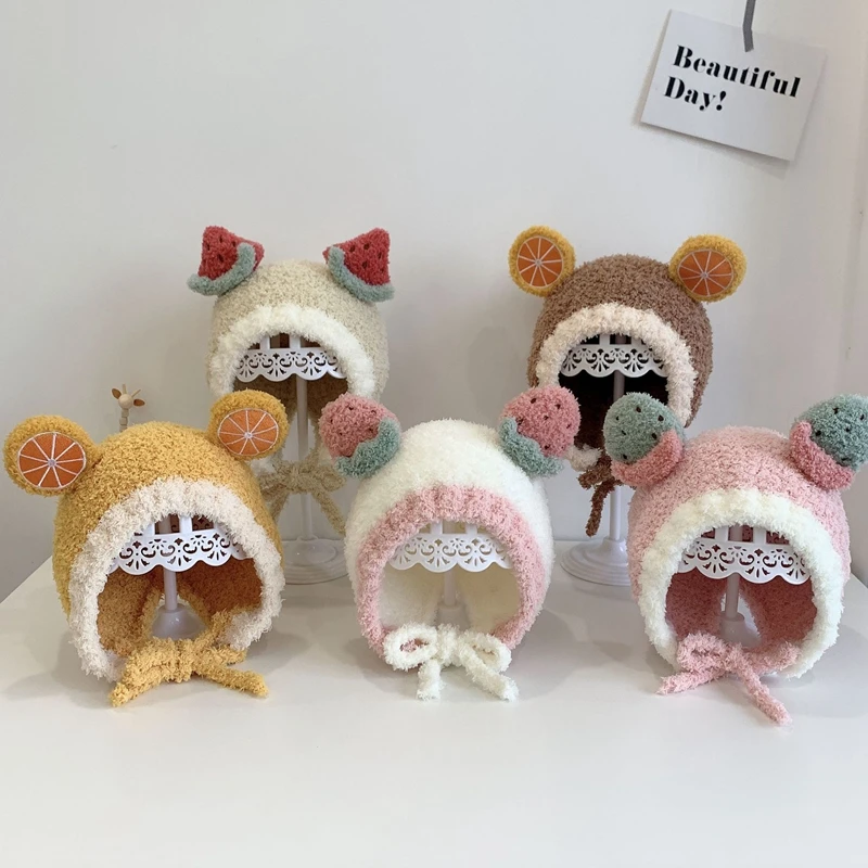 

Kids Bear Ears Hats Cute Cartoon Fruit Lambswool Winter Caps for Sweet Baby Girls Warm Soft Thicken Bandage Beanies Caps 2021