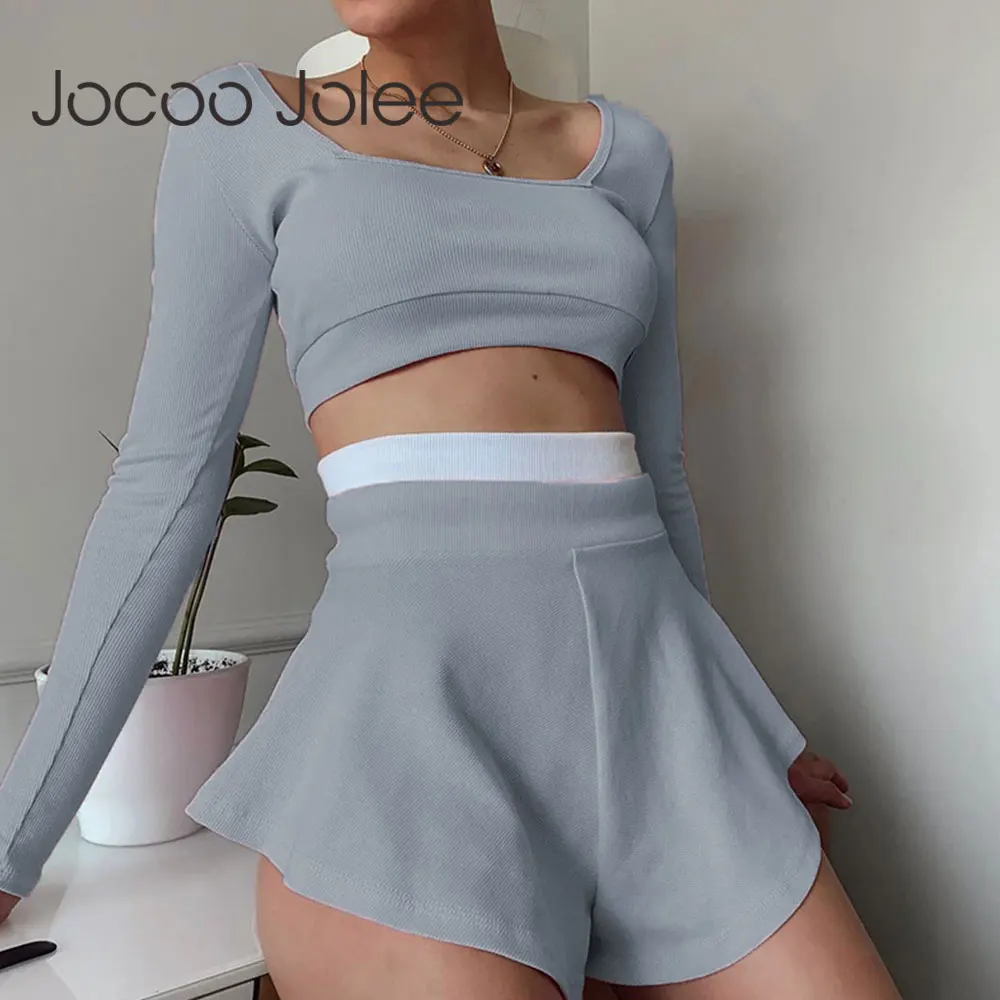 

Women Solid Crop Tops and Splicing Skirts Shorts Patchwork Knitted 2 Piece Set Home Suits Long Sleeve O Neck Tee Solid T Shirt