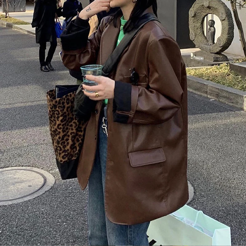 

Vintage Loose Leather Jacket Women Korean PU Chic Moto Jacket Female 2021 Spring Fashion Streetwear Women's Winter Y2k Coat New