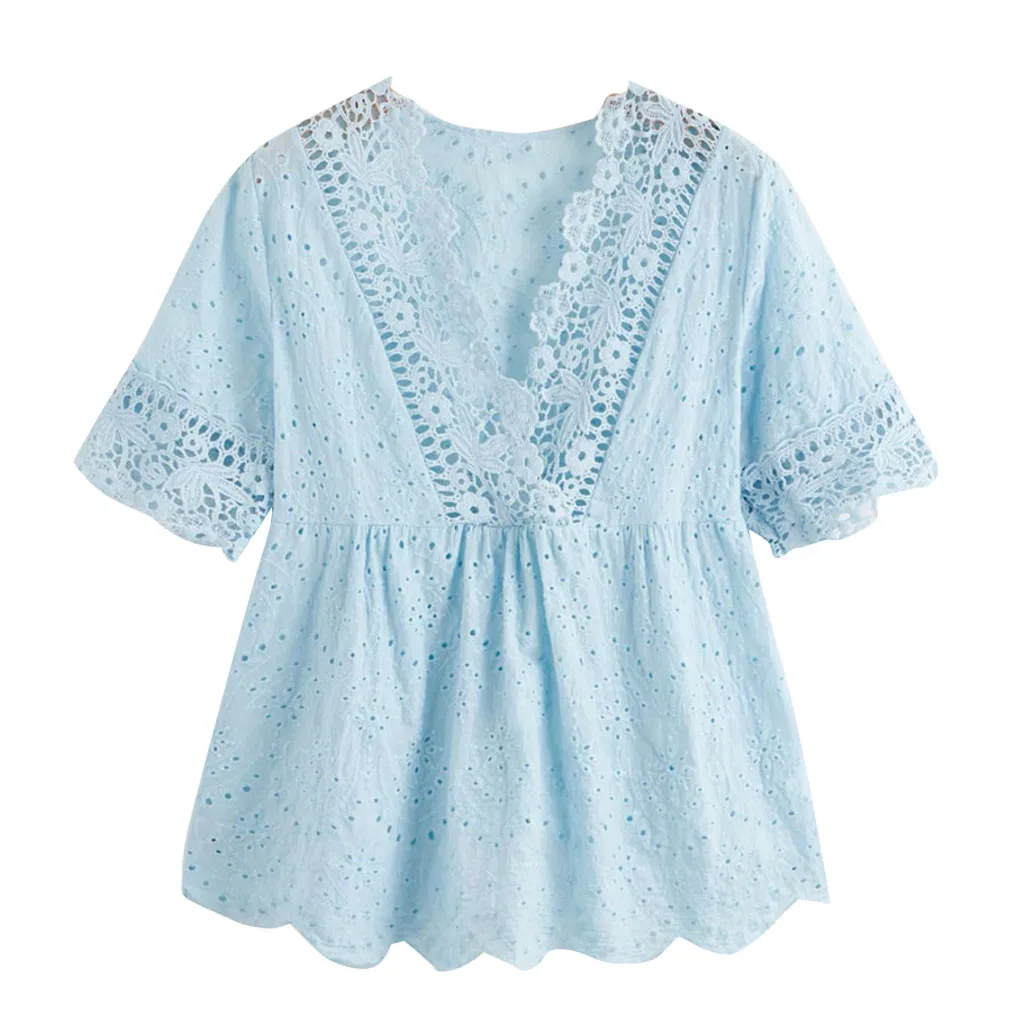 Женское Сетчатое вышитое кружево панель футболка с коротким рукавом Цветочное