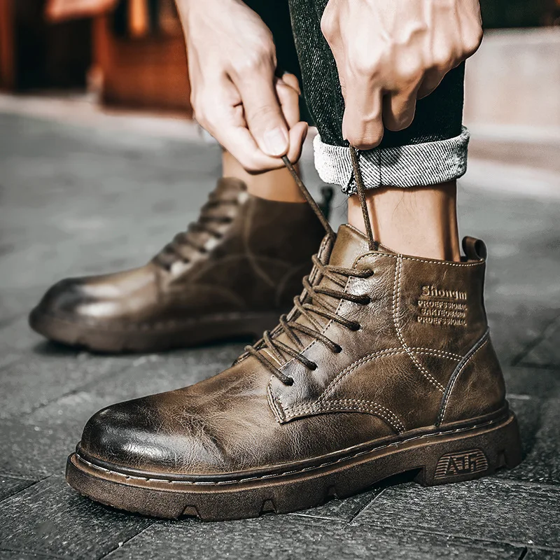 

New Martin Boots Men's Mid-cut Tactical Boots Retro Locomotive Leather British Round Toe Shoes