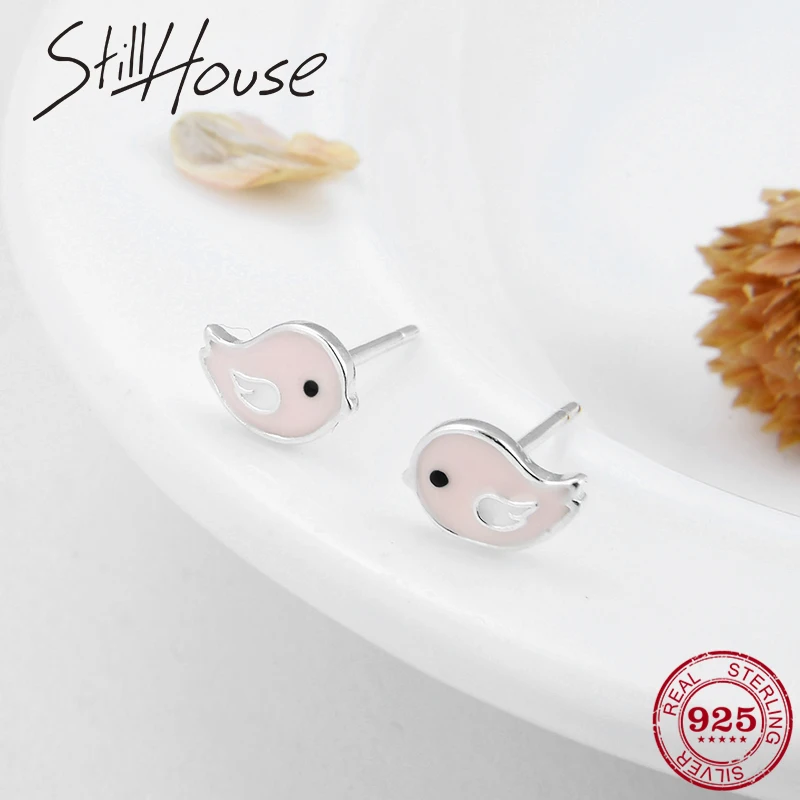 Женские маленькие серьги-гвоздики с птицей из серебра 925 пробы | Украшения и