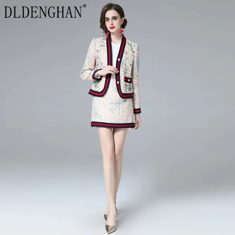 

DLDENGHAN Runway Designer Autumn Tweed Suit Women Long Sleeve Beading Jacket +Plaid Skirt Flower Print Two Pieces Set