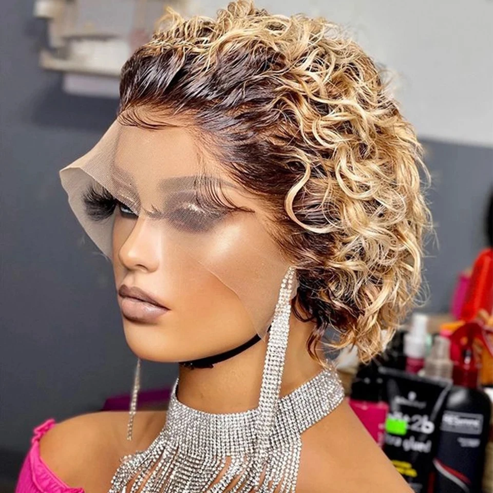 

Short Pixie Cut Curly Human Hair Wigs 1b27 Ombre Colored Blonde Brazilian Lace Part Front bob Wig For Women Pre Plucked Glueless