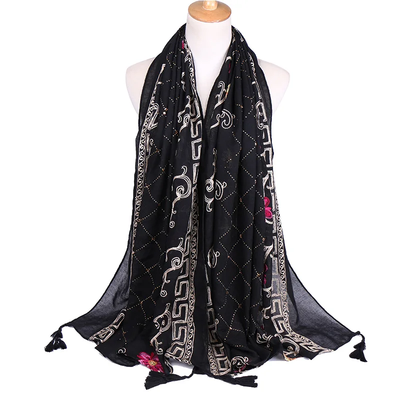Вышитый хлопковый шарф Хиджаб Женский мусульманский хиджаб с цветочным принтом