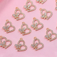 10pcs full rhinestone hollow heart shape butterfly charms 23x20mm gold color alloy insect pendant for diy earrings accessories