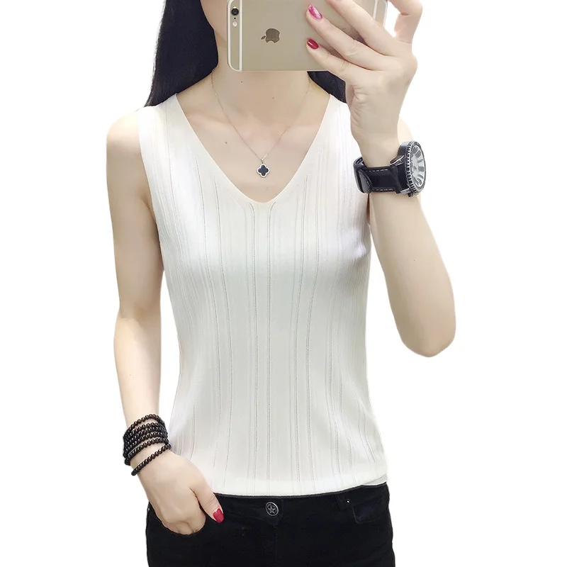 

4 Colors Women's Summer Sexy V-neck Loose Sleeveless Knitted Tops Casual Female White Black Thin Sweater Pullover
