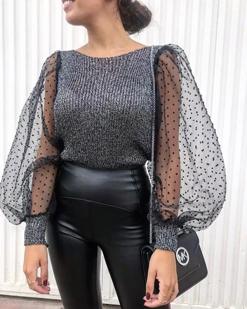 

Women O-neck Polka Dots Lantern Mesh Sleeve Knitted T-shirt Dots Blouse Top
