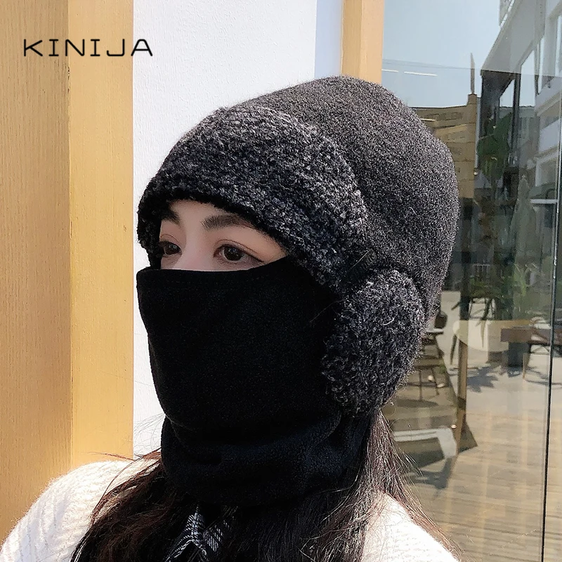 Женская зимняя плотная вязаная шапка маска уличная ветрозащитная теплая