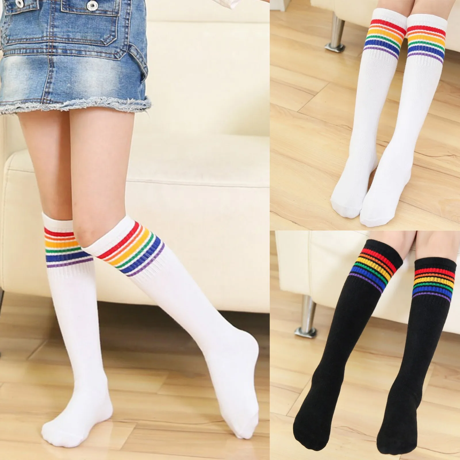

Детские футбольные носки для мальчиков и девочек, белые, черные, женские гольфы средней высоты в радужную полоску, длинные гольфы #25