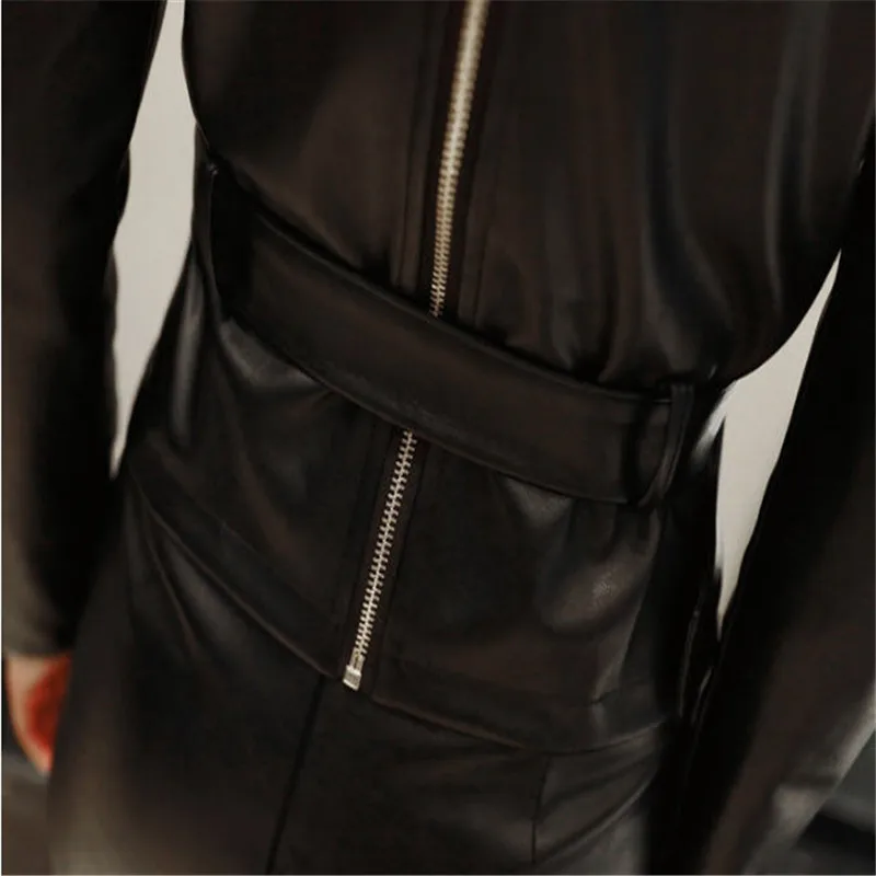 

2019 Autumn Winter Korean Ladies Long Sleeve Blouse + Pencil Skirt Two-Piece Leather Set Women's OL Work Office Clothing A1524