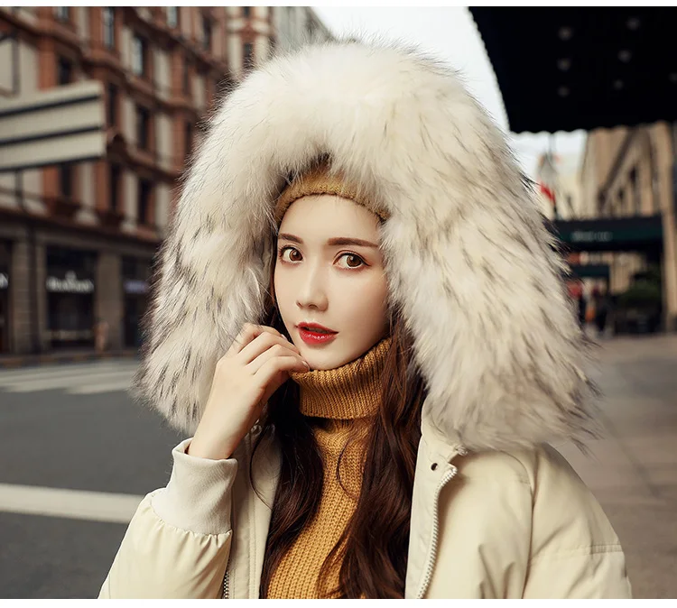 Большой натуральный мех енота с капюшоном женские белые пуховики свободные длинные теплые утепленные парки для женщин зимняя куртка для женщин