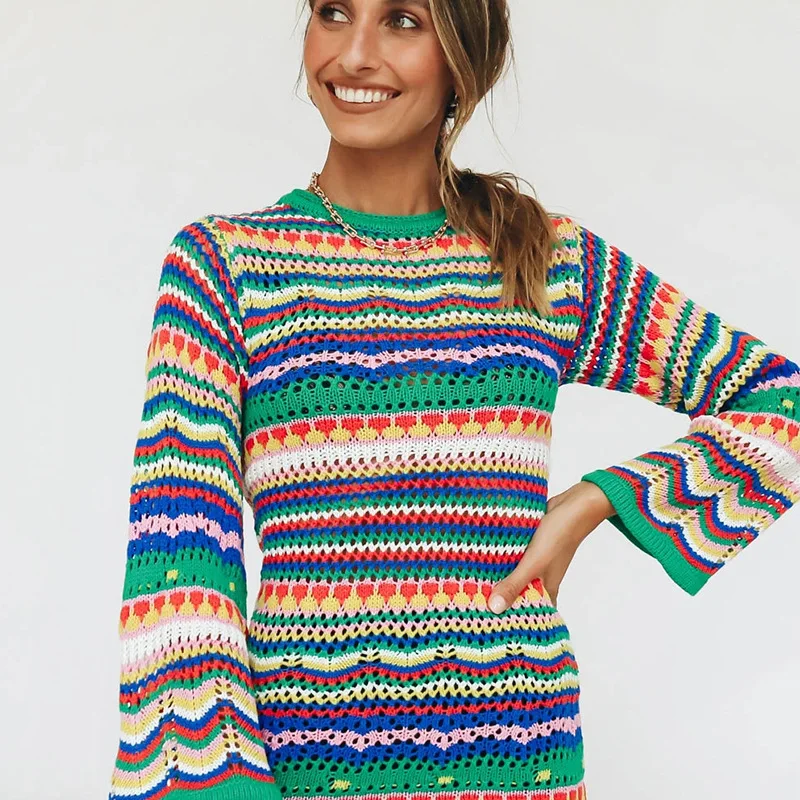 

2021 New Spring Sweater Dress Retro Bohemian Jumper Waist Contrasting Striped Hollow Full Knit Dress Personality Girl Mini Skirt