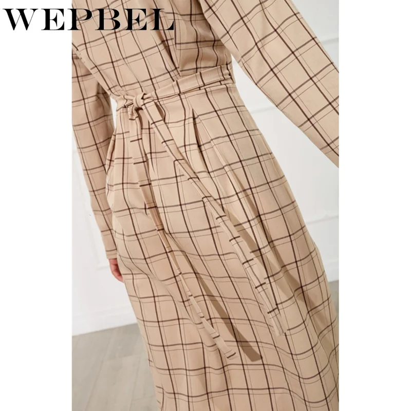 

Mandylandy Women Spring Autumn Elegant Plaid Bandage Long Dress Lady Fashion Sexy Long Sleeve V Neck Lace Up Split Dress