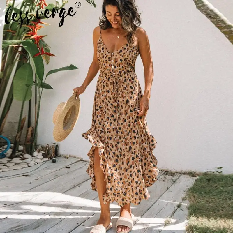 Летнее Длинное Платье Lessverge с леопардовым принтом и оборками сарафан женское