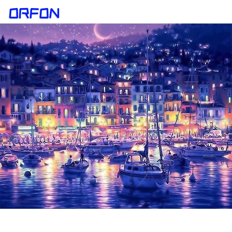 Orfon DIY Цифровая живопись по номерам синяя вода город Ночная раскраска набор для