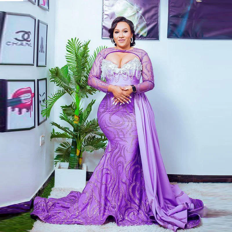

Aso Ebi Purple Mermaid Evening Gowns Saudi Arabia Plus Size Sheer Long Sleeves Prom Dresses African Sweep Train Party Dress