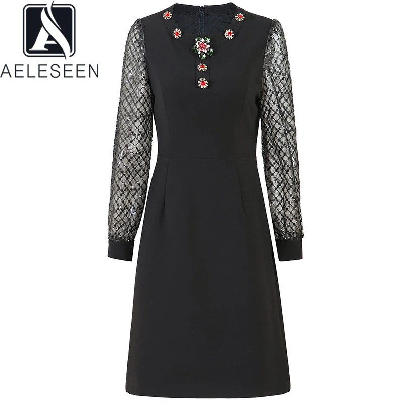 

AELESEEN Fashion Runway 2022 Spring Dress Women Black Beading Crystal Mesh Long Sleeve Patchwork Slim Office Lady Dresses