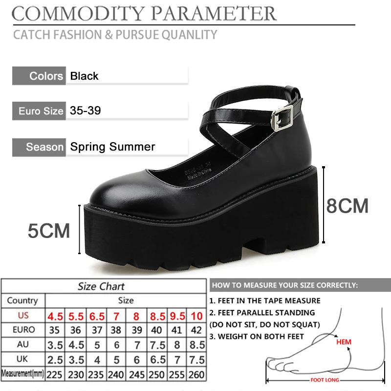 

BYQDY 8CM Chunky High Heels LOLITA Pumps JK Uniform PU Leather Buckle Strap Lolita Dress Shoes Cosplay For Female Workers