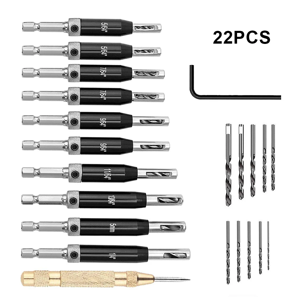 

22PCS Self Centering Drill Hole Puncher Hinge Tapper For Door Bit Set Hinge Tapper Core Puncher With Hex Key Replacement Bits