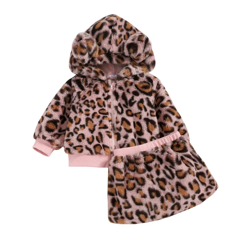 

9M-3Y 2pcs Baby Girl Outfits Bebes Kids Leopard Plush Long Sleeve Coat and Elastic Short Skirt Winter Clothes Sets