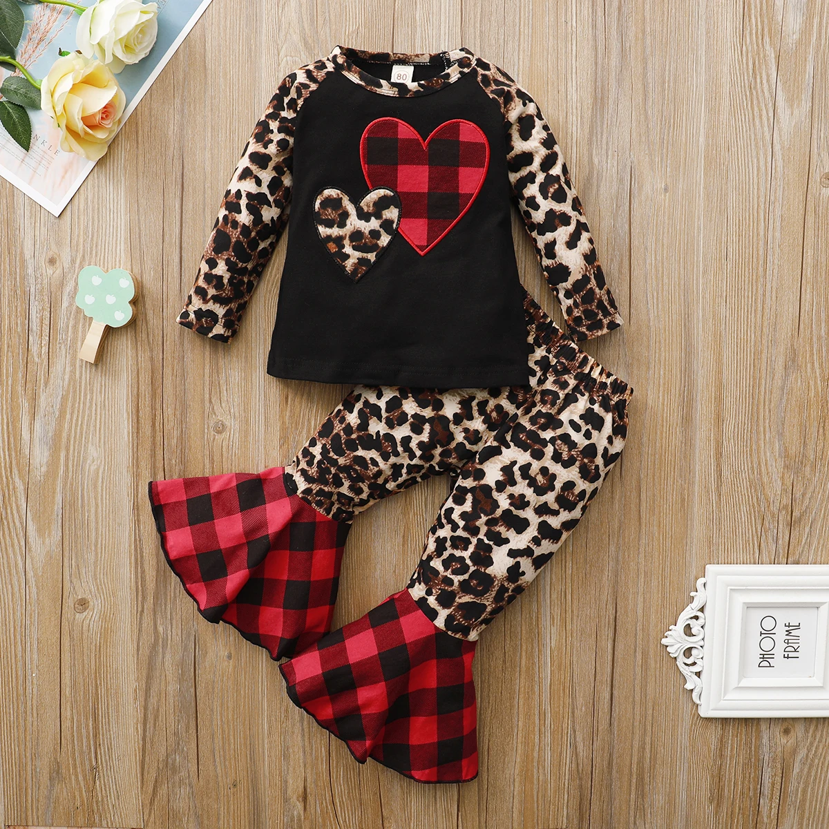 Conjuntos de ropa para ni&ntilde;as de 1 a 6 a&ntilde;os, camisetas con estampado de leopardo, Tops + pantalones acampanados, trajes informales-0