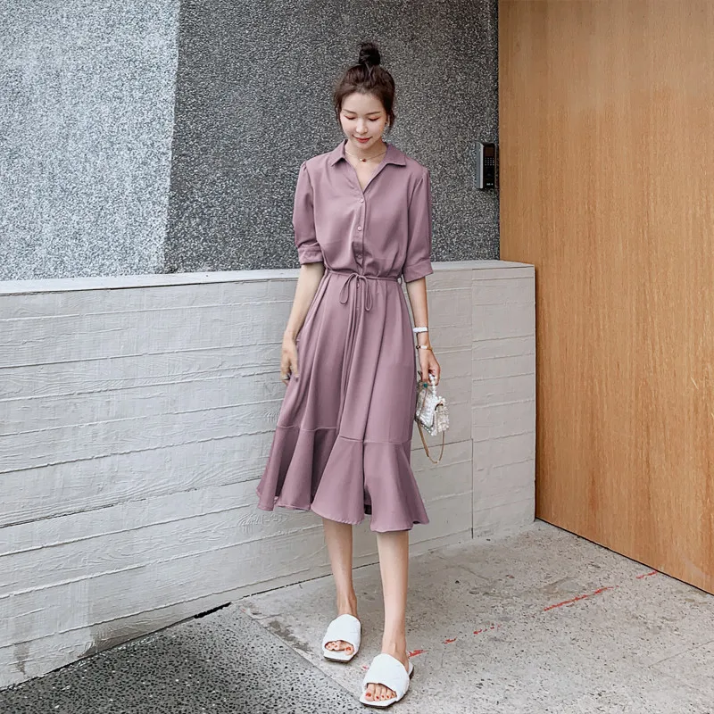

Shirt Dress Colors Women Lace Dress Solid Up Summer Ladies Office Casual New