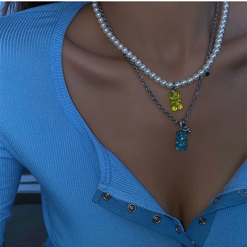 

Korean Fashion Sweet Candy Color Cute Animal Bear Pendant Necklaces Set Y2K Harajuku Pearl Chains Choker for Girls Women Jewelry