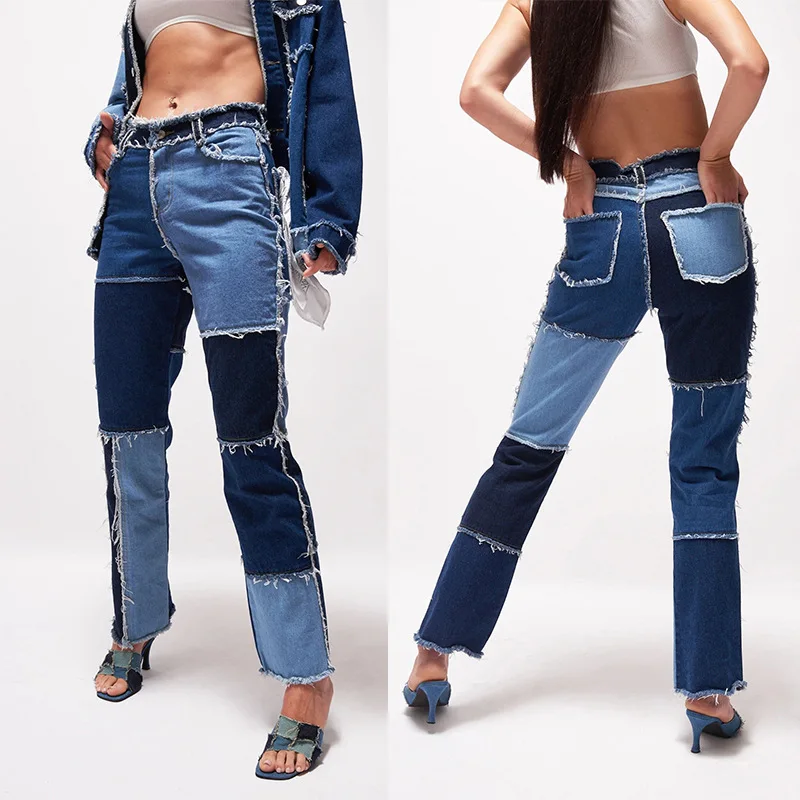 

Vogue Pop Women Straight Leg Jeans, Casual High Waist Patchwork Raw Hem Relaxed Fit Denim Pants Slim Fit Jeans