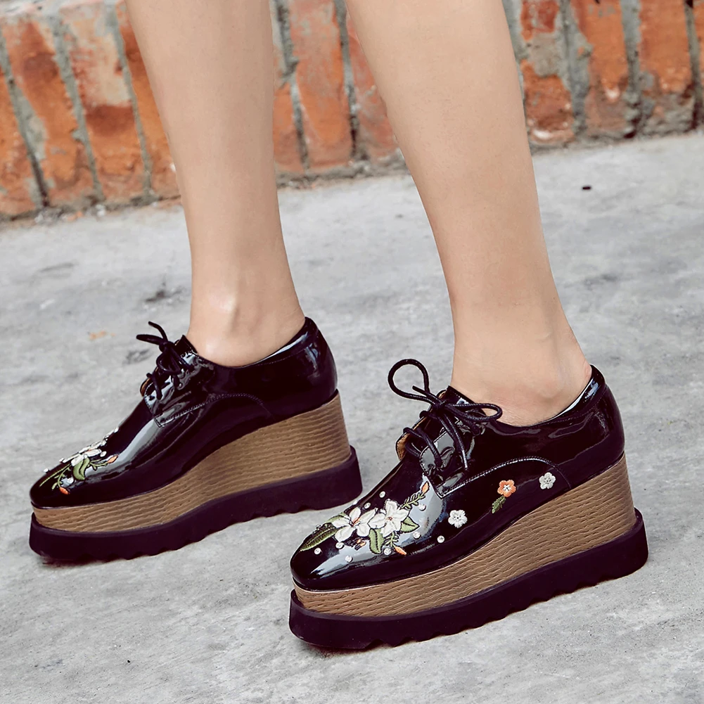 

JOUIR TALONS 2020 hot sale big size 43 Genuine leather women boots Platform wedges Floral Embroider Spring/Autumn Woman shoes