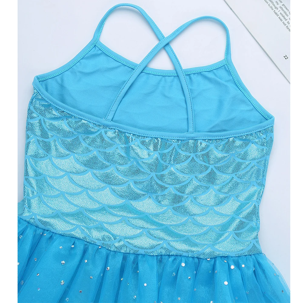 Kids Girls Ballet Dress Sparkly Mermaid Tutu Spaghetti Shoulder Straps Scales Pattern Printed Dance Gymnastics Leotard | Тематическая