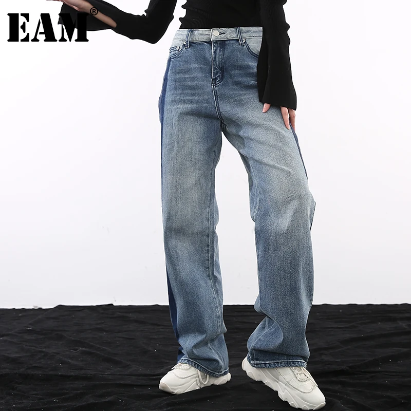 

[EAM] Long Blue Wide Leg Denim Straight Jeans New High Waist Loose Women Trousers Fashion Tide Spring Autumn 2021 1DD293605