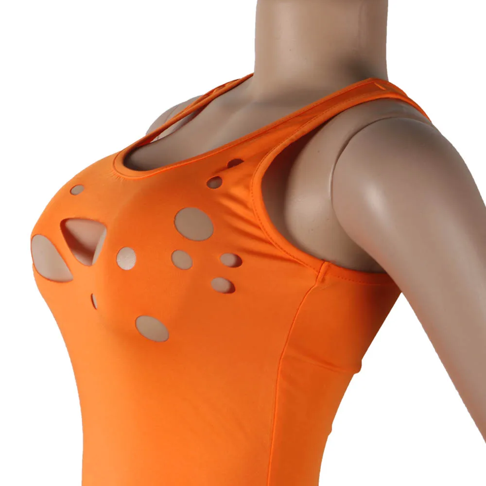 

Women's Casual Asymmetrical Ripped Dress Solid Color Sleeveless O Neck Bodycon Ruched Hole Slim Summer Mini Dress