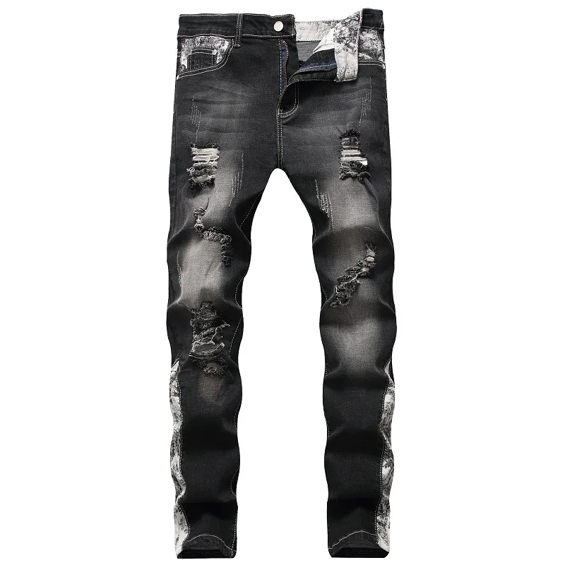 

Men trousers Ripped straight leg stretch jeans trendy men's trousers black lenstid pants
