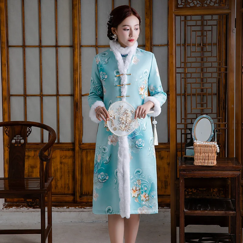 Autumn Slim Qipao Pink Green Women Ethnic Elegant Vintage Faux Rabbit Fur Cheongsam Chinese Dress Traditional Robe Orientale New